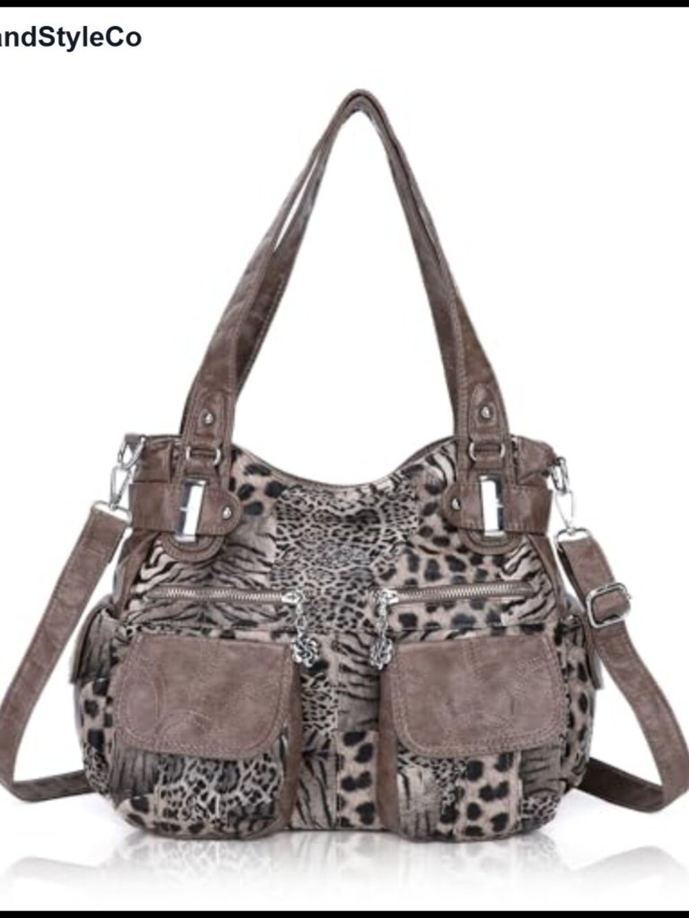 Washed PU Leather Hobo Handbag Double Zipper Multi Pocket Large Tote Purse